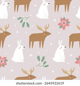 Seamless Christmas Pattern with Woodland Animals Rabbits and Moose, Poinsettia and Mistletoe. Background Good for Wrapping paper, Textile, Wallpaper
