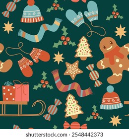 Seamless Christmas pattern with woolen het. gloves, scarf, gifts, gingerman, sweets, berries, stars.