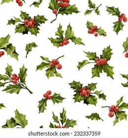 Seamless Christmas Pattern With Words And Holly Berry Vector Illustration. Elegance Wallpaper With  Holly Berry. Decorative Vector Illustration.