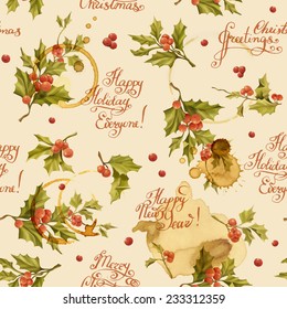 Nahtloses Weihnachtsmuster mit Wörtern und heiliger Beerenvektorgrafik. Dekorative Vektorgrafik. Schreib Worte von Hand.  Verschütteter Kaffee. Patronen auf dem Papier.brüchiger Hintergrund. 