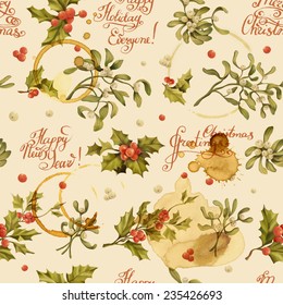 Seamless Christmas pattern with words and holly berry and mistletoe vector illustration. Decorative vector illustration. Hand write words. Spilled coffee. Smudges on the paper. Grunge background. 