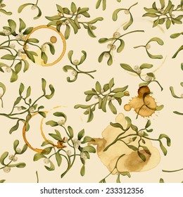 Seamless Christmas pattern with words and mistletoe vector illustration. Decorative vector illustration. Hand write words.  Spilled coffee. Smudges on the paper. Grunge background. 