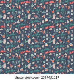 Seamless Christmas Pattern, Wrap paper, Christmas Elements. Print on demand. Holidays blue, navy blue, pink, snow flake, chrismas tree.