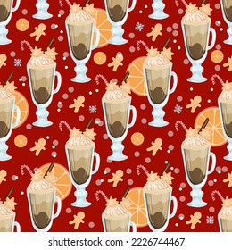 Seamless Christmas pattern. Wrapping paper for coffee bar. Cappuccino or frapuccino pattern. Hand drawn vector illustration. Winter drink with cream and spices.Christmas caramel.