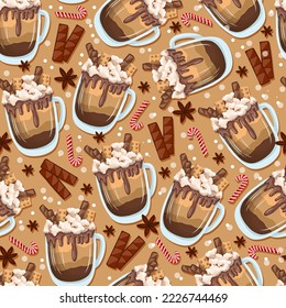 Seamless Christmas pattern. Wrapping paper for coffee bar. Cappuccino or frapuccino pattern. Hand drawn vector illustration. Winter drink with cream and spices.Christmas caramel.