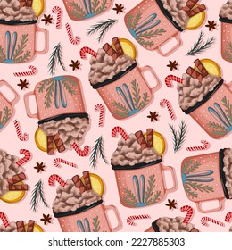 Seamless Christmas pattern. Wrapping paper for coffee bar. Cappuccino or frapuccino pattern. Hand drawn vector illustration. Winter drink with cream and spices.Christmas caramel.