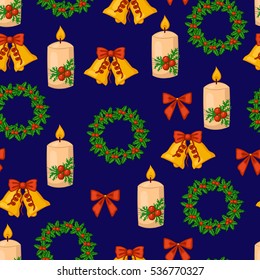Seamless Christmas pattern. Wreaths, candles, bells on a blue background.