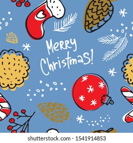 
Seamless Christmas pattern with writing merry christmas on a blue background. Cookie, lollipop, sock, tree branches for decoration of wrraping paper, cards, banners, textiles. Vector illustration