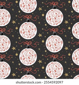 Seamless Christmas pattern with Xmas balls and stars on a black background. Ideal for Holiday gift wrapping, seasonal decor and digital projects, vector illustration