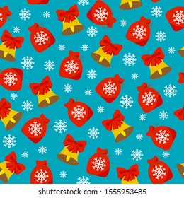 Seamless Christmas pattern. Xmas bells, snowflakes and gift bags on blue background. Happy New Year and Merry Xmas endless present template. Winter holidays design. Vector illustration.