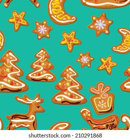 seamless christmas pattern  - xmas  gingerbread  on blue background- cookies in reindeer, star, moon and fir-tree shapes