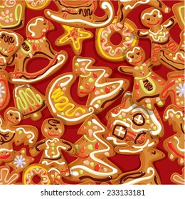 seamless christmas pattern - xmas gingerbread - cookies in reindeer, peoples, star, moon, house and fir-tree shapes. 