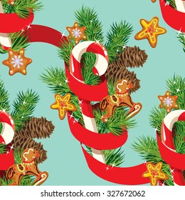 Seamless christmas pattern with  xmas gingerbread, candy, red ribbon and fir tree branches. Background for Christmas and New Year holidays design.