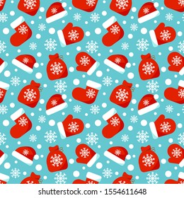 Seamless Christmas pattern. Xmas socks, snowflakes, mittens, hats and bags with presents on blue background Happy New Year and Merry Xmas endless template. Winter holidays design. Vector illustration.