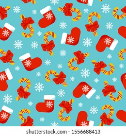 Seamless Christmas pattern. Xmas socks, snowflakes and candy canes on blue background. Happy New Year and Merry Xmas endless gift template. Winter holidays design. Vector illustration.