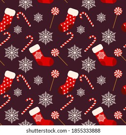 Patrón de Navidad sin inconvenientes con medias de Navidad y latas de dulces. caramelos de Navidad. Colores rojo y crema. Diseño para vacaciones de invierno. Textura vectorial de feriados de invierno. Ilustración vectorial de vacaciones.