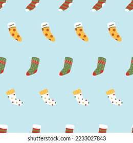 Nahtloses Weihnachtsmuster mit Weihnachtssocken. Alles Gute zum Neujahr und frohe Weihnachten. Winterferien-Textur.