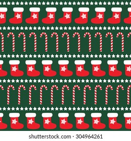 Seamless Christmas pattern with xmas socks, stars and candy canes. Happy New Year and Merry Xmas background. Vector design for winter holidays on dark green background. Merry Xmas Card.
