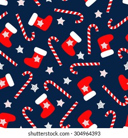 Seamless Christmas pattern with xmas socks, stars and candy canes. Happy New Year and Merry Xmas background. Vector design for winter holidays. Winter holidays vector texture. Merry Xmas card.