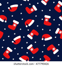 Seamless Christmas pattern with xmas socks, stars and Santa hats. Happy New Year and Merry Xmas background. Vector design for winter holidays. Winter holidays vector texture. Merry Xmas card.