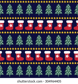 Seamless Christmas pattern - Xmas trees, stars and xmas socks. Happy New Year and Merry Xmas background. Vector design for winter holidays on dark blue background. 