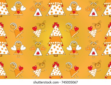 Seamless Christmas pattern.Angels with hearts in hands on an orange background.Vector illustration