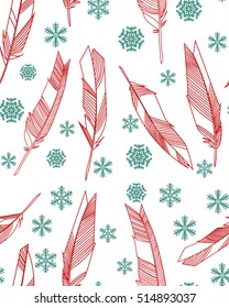 Seamless Christmas pattern.Feathers and snowflakes.
