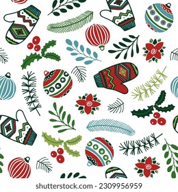 Seamless Christmas patterns with blue and green spruce branches, Mistletoe, berries, mittens, Christmas toys.