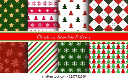 Seamless Christmas Patterns Collection. New year's eve wrapping paper graphics. Stripes, snowflakes, geometric, rhombus. Background for presents, textiles and apparel. Vector holiday designs set.
