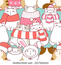 Seamless Christmas patterns with  cute fat cats in scarves and hats. Endless texture can be used for wallpaper, pattern fills, web page background, surface textures. Vector illustration EPS8