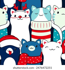 Seamless Christmas patterns with cute fat cats in scarves and hats. Endless texture can be used for wallpaper, pattern fills, web page background, surface textures. Vector illustration EPS8