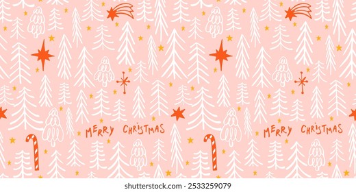 Seamless Christmas patterns with doodle fir tree forest. Trendy xmas design. Hand drawn vector illustration. Holiday background, wrapping paper.