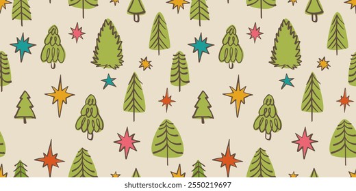Nahtlose Weihnachtsmuster mit Doodle Tannenwald und Sternen. Trendy Weihnachts-Design. Handgezeichnete Vektorgrafik. Feiertagshintergrund, Umschlagpapier.