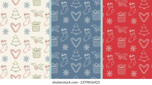 Seamless christmas patterns. doodle style. beautiful wrapping, paper, textile. Christmas symbols - Christmas tree, socks, mistletoe and others