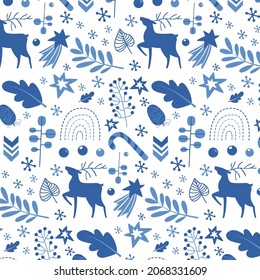 Seamless Christmas patterns with fir branches, berries, stars and other elements. Vector illustration.