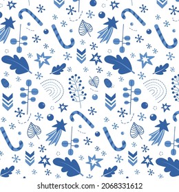 Seamless Christmas patterns with fir branches, berries, stars and other elements. Vector illustration.