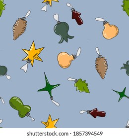 Seamless christmas patterns on blue background, can be used for wrapping, poster or post card. Vector stock illustration in cartoon style.