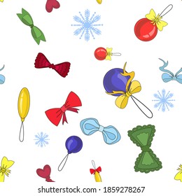 Seamless Christmas patterns on a white background - Christmas balls, bows and snowflakes, can be used for packaging, poster or postcard. Stock vector illustration in cartoon style.