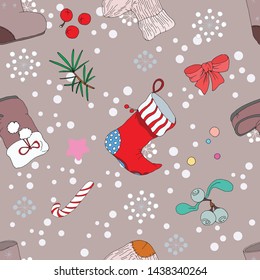 Seamless Christmas patterns, for packaging, fabrics, wallpaper in the form of boots, festive red boots, socks, candies, berries, stars, against a background of coffee color.