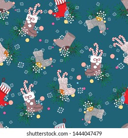  Seamless Christmas patterns, for packaging, fabrics, wallpaper in the form of boots, festive red boots, socks, candy, berries, stars, against a dark turquoise background.
			