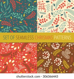 Seamless Christmas patterns with pine, berries, leaves and other symbols of winter holidays