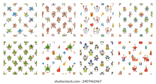 Seamless Christmas Patterns Set. Cartoon Vector Tile Backgrounds with Funny Illustrations of Snowmen, Holiday Trees