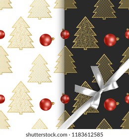 Seamless christmas patterns with christmas trees and christmas balls, two different patterns with black and white background