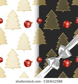 Seamless christmas patterns with christmas trees and christmas balls, two different patterns with black and white background
