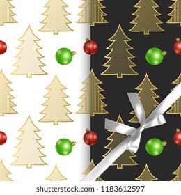 Seamless christmas patterns with christmas trees and christmas balls, two different patterns with black and white background