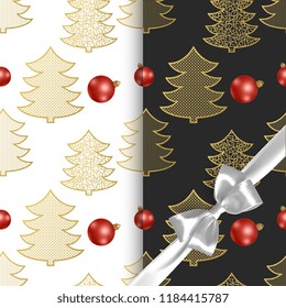 Seamless christmas patterns with christmas trees and christmas balls, two different patterns with black and white background