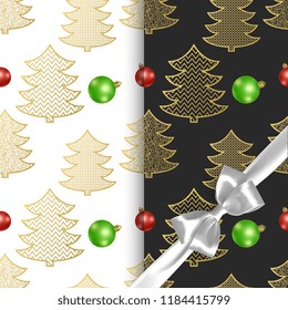 Seamless christmas patterns with christmas trees and christmas balls, two different patterns with black and white background