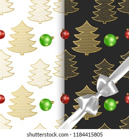 Seamless christmas patterns with christmas trees and christmas balls, two different patterns with black and white background