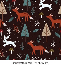 Seamless Christmas patterns with Christmas trees, foxes, rabbits, mushrooms, snowflakes, blades of grass, berries and snow.