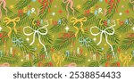 Seamless Christmas patterns with various cartoon bow knots, gift ribbons and stars. Trendy xmas design. Hand drawn vector illustration. Holiday background, wrapping paper.
